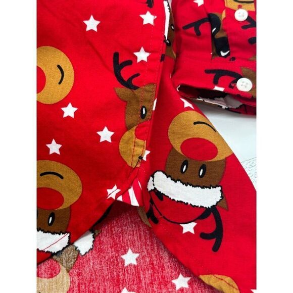 Cactus Boys Kid''s Tabbed Sleeve Button Down Reindeer Christmas Shirt, Red - Picture 6 of 9